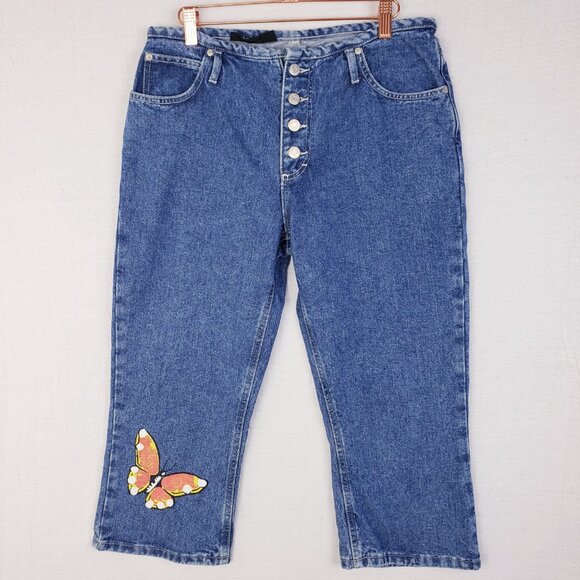 Vintage Y2K No Boundaries Cropped Jeans Butterfly Print Medium Wash size 8/10 - Picture 1 of 11